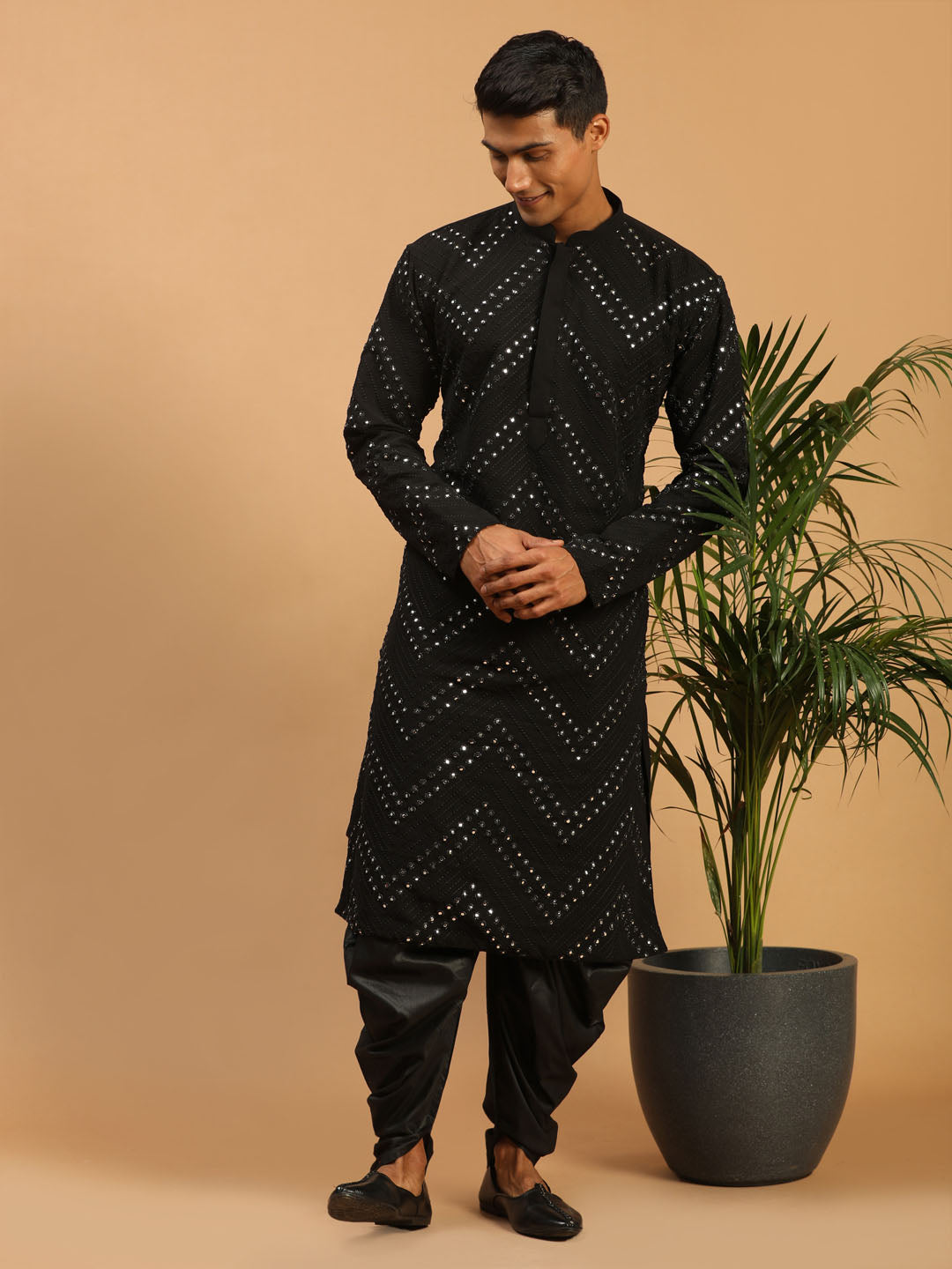 Men's Black Georgette Straight Kurta and Dhoti Set
