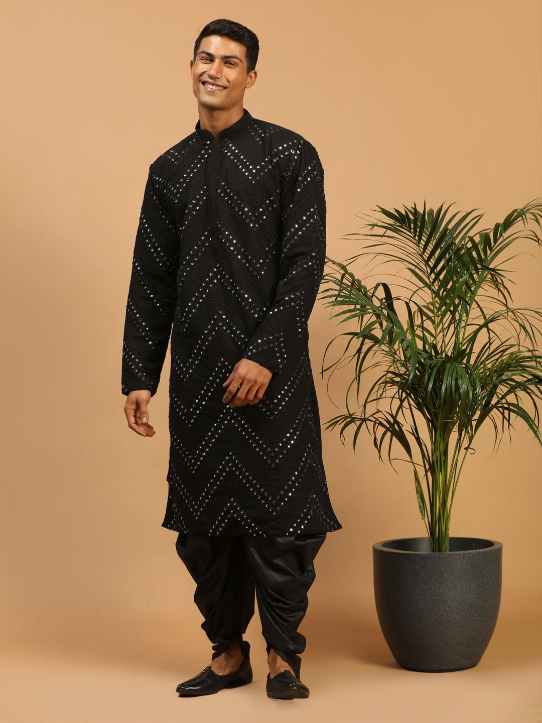 Men's Black Georgette Straight Kurta and Dhoti Set