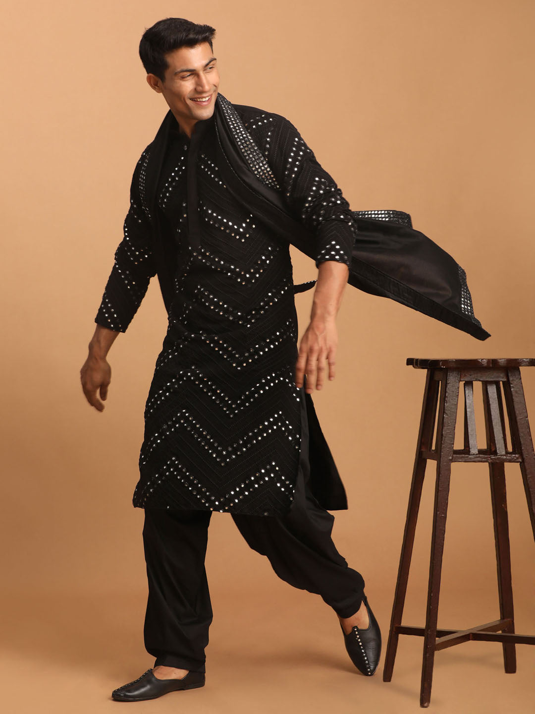 Men's Black Georgette Straight Kurta and Patiala Set
