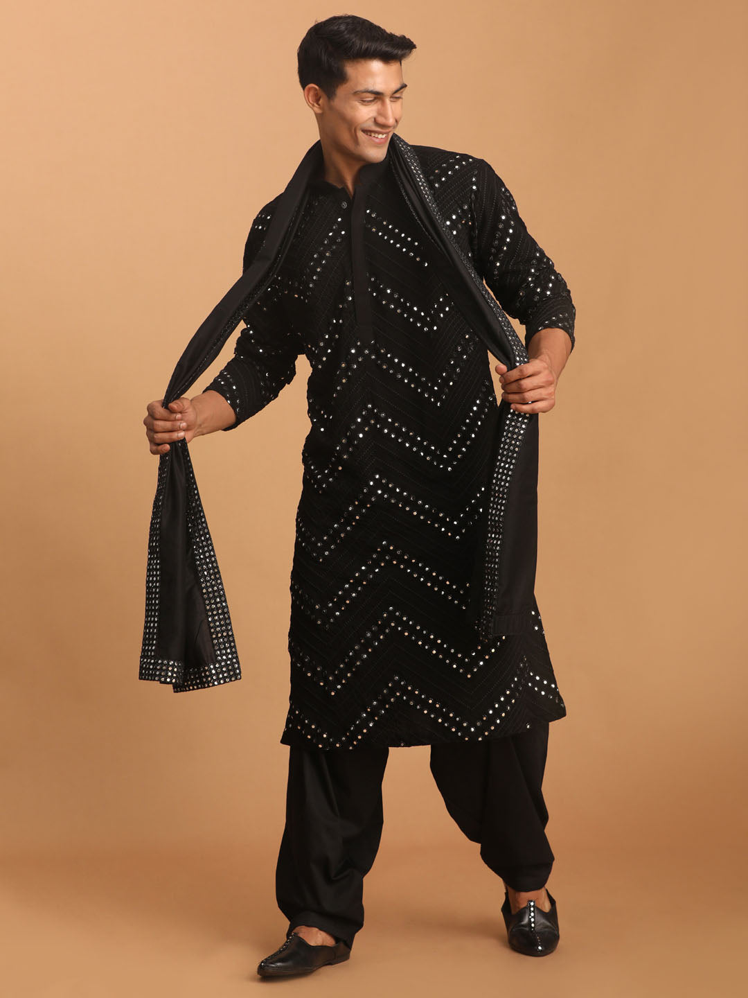 Men's Black Georgette Straight Kurta and Patiala Set