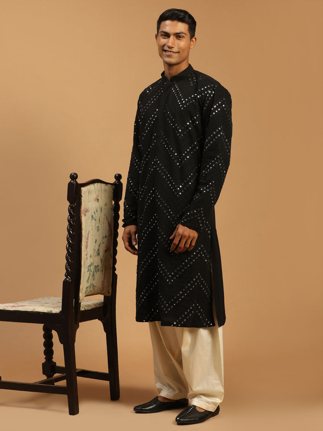 Men's Black Georgette Straight Kurta and Patiala Set