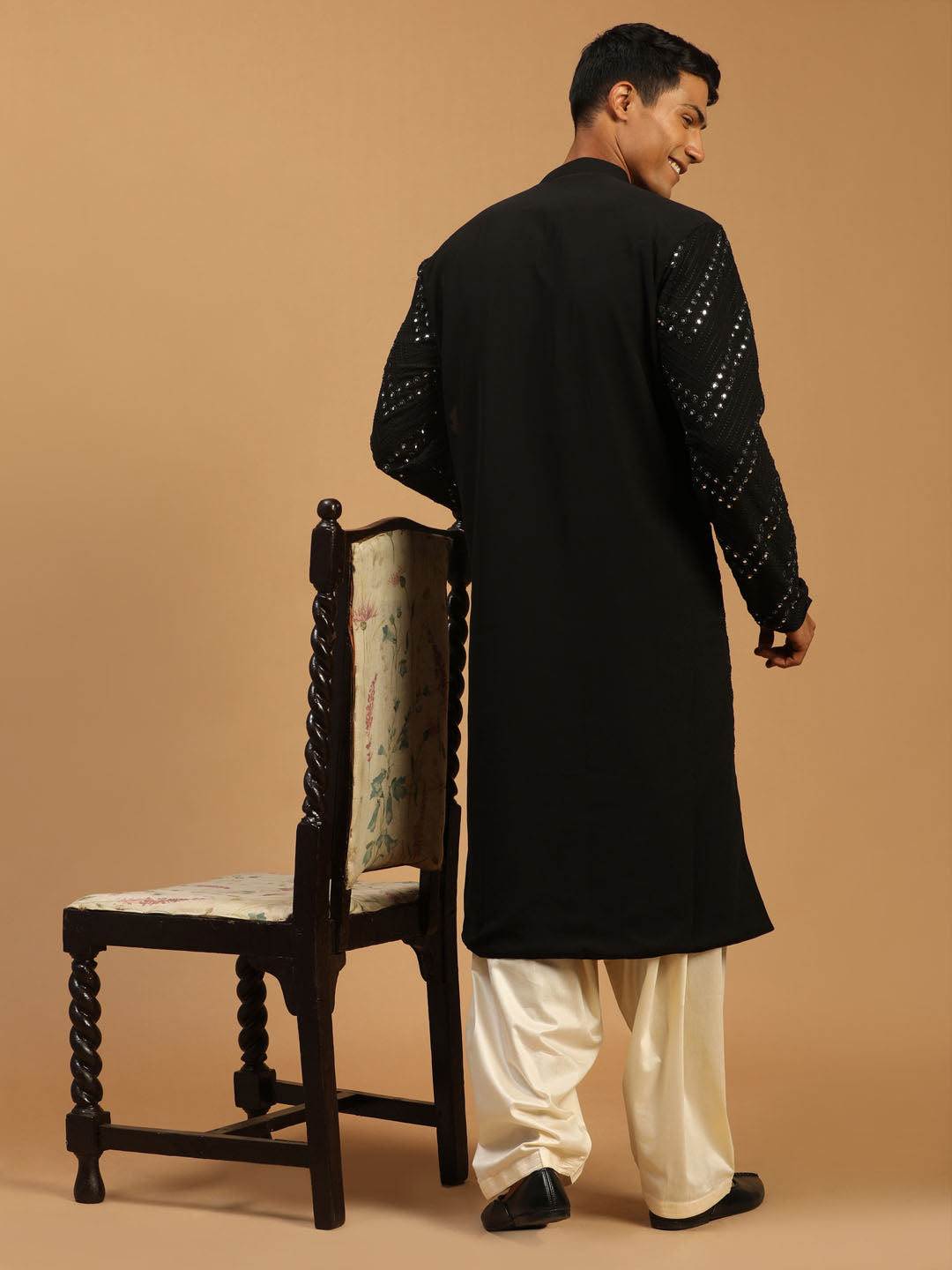 Men's Black Georgette Straight Kurta and Patiala Set