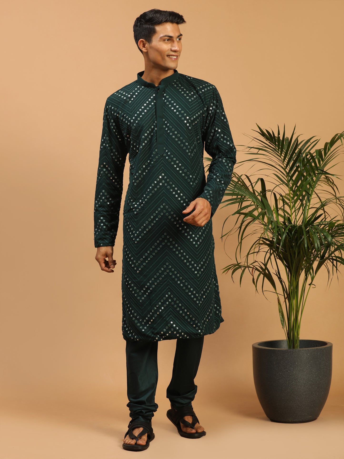 Men's Green Georgette Straight Kurta Pyjama Set