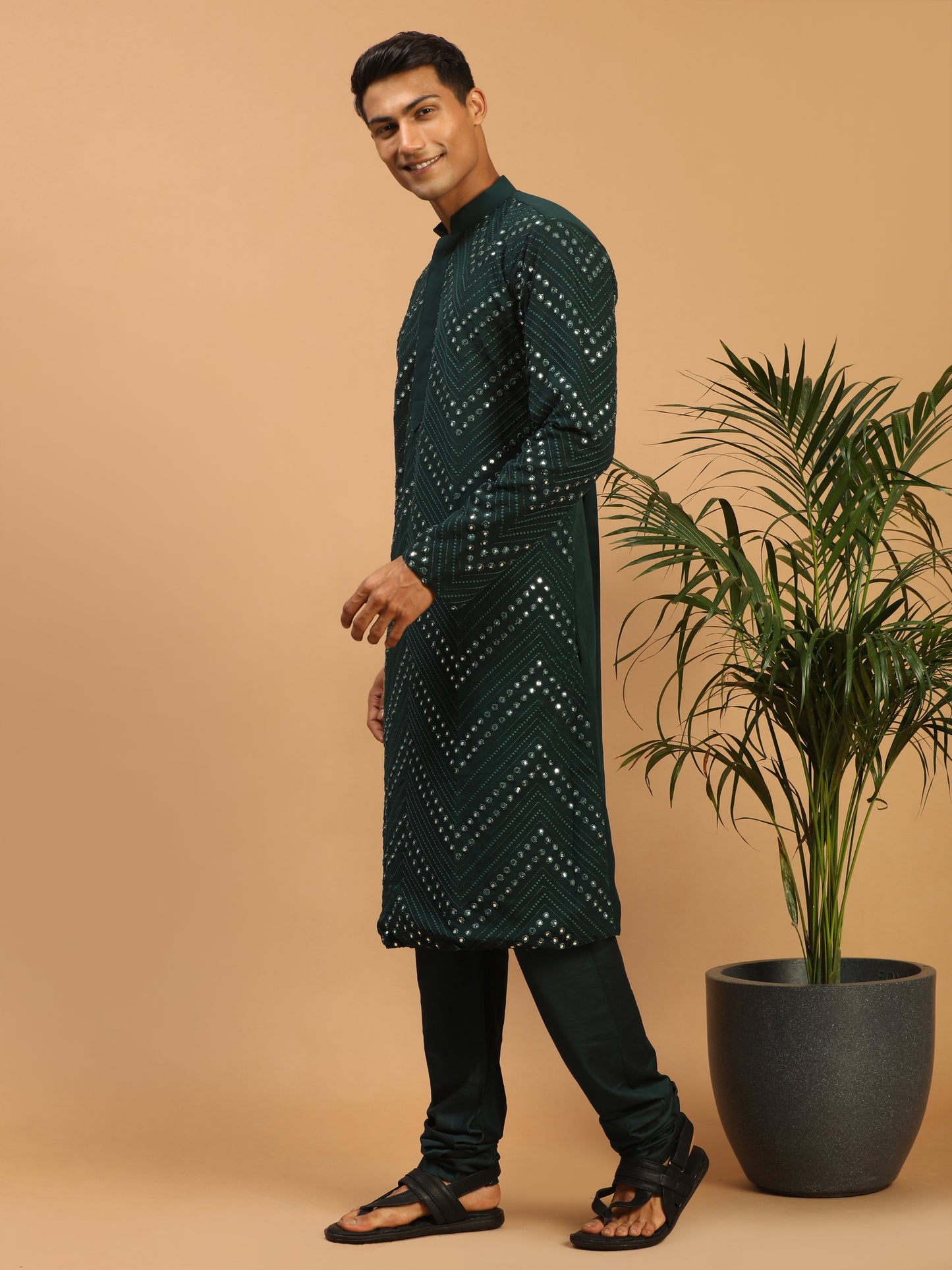 Men's Green Georgette Straight Kurta Pyjama Set