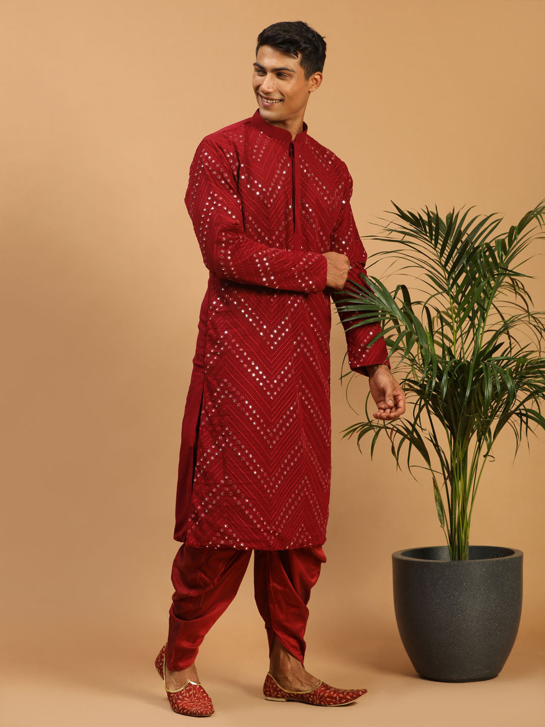 Men's Maroon Georgette Straight Kurta and Dhoti Set