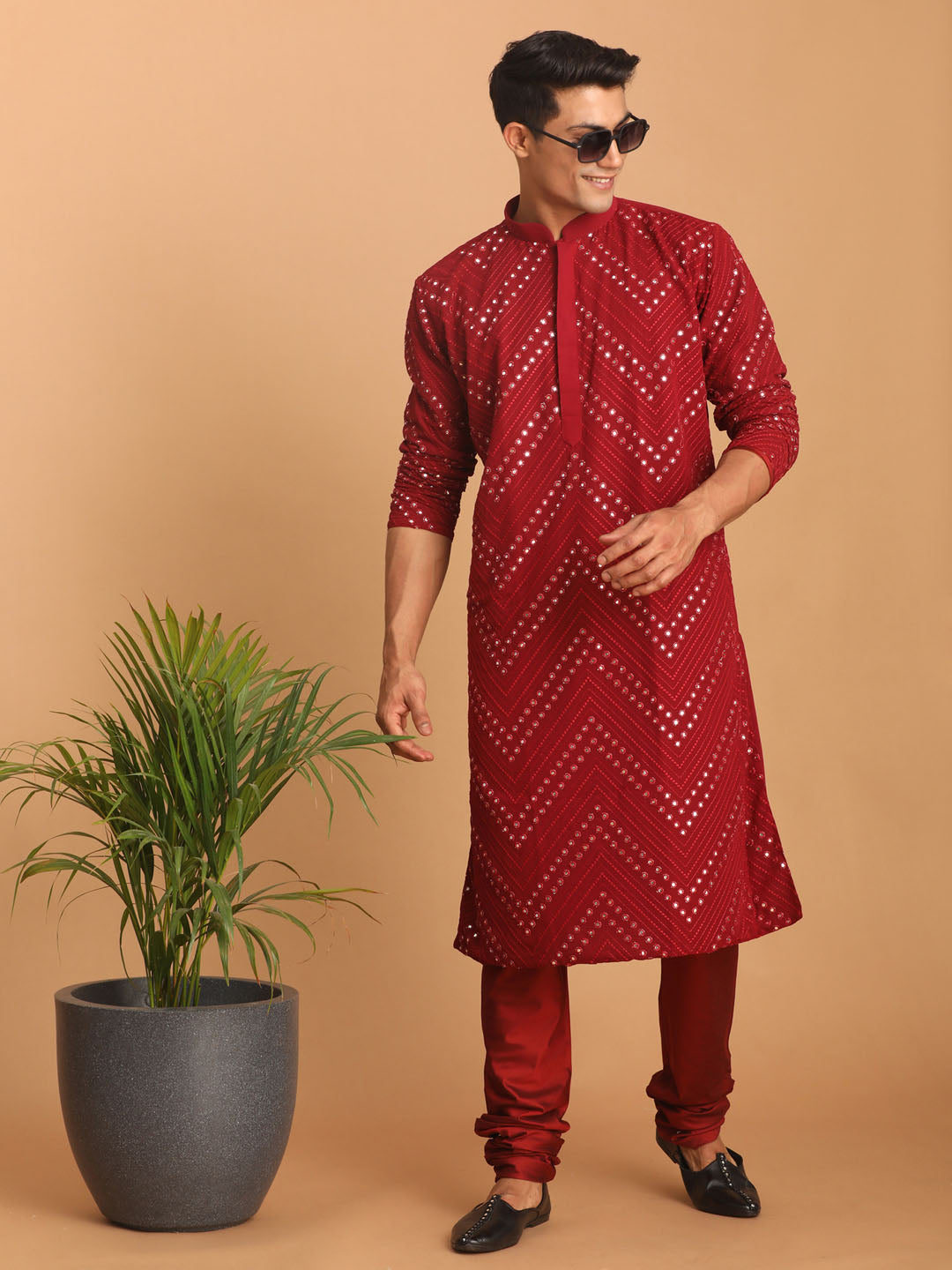 Men's Maroon Georgette Straight Kurta Pyjama Set