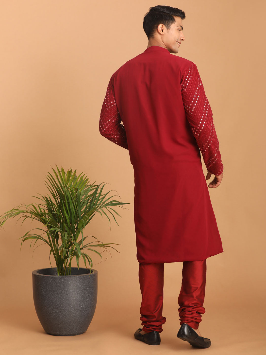 Men's Maroon Georgette Straight Kurta Pyjama Set