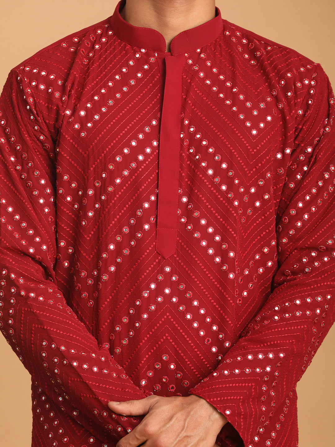 Men's Maroon Georgette Straight Kurta Pyjama Set