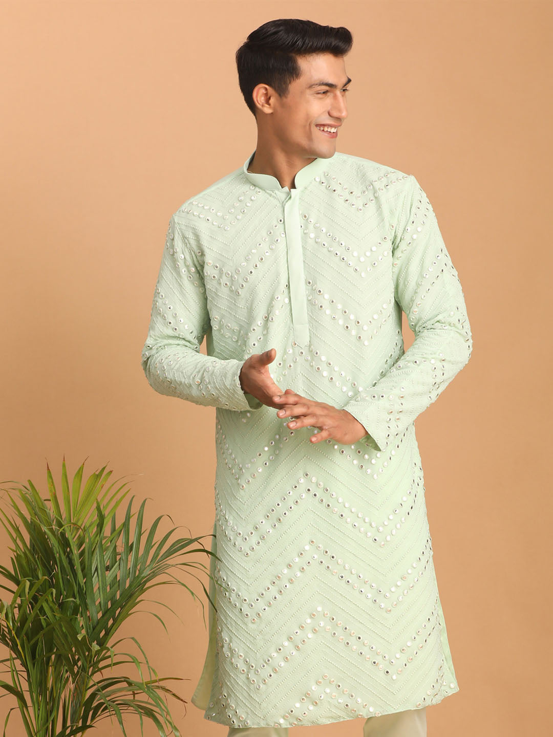 Men's Mint Green Georgette Straight Kurta