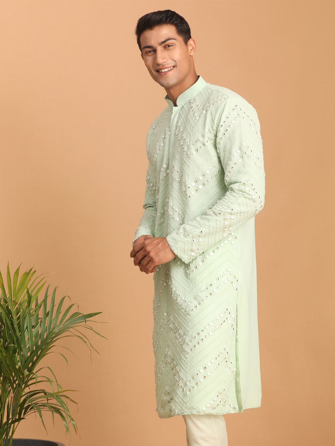 Men's Mint Green Georgette Straight Kurta