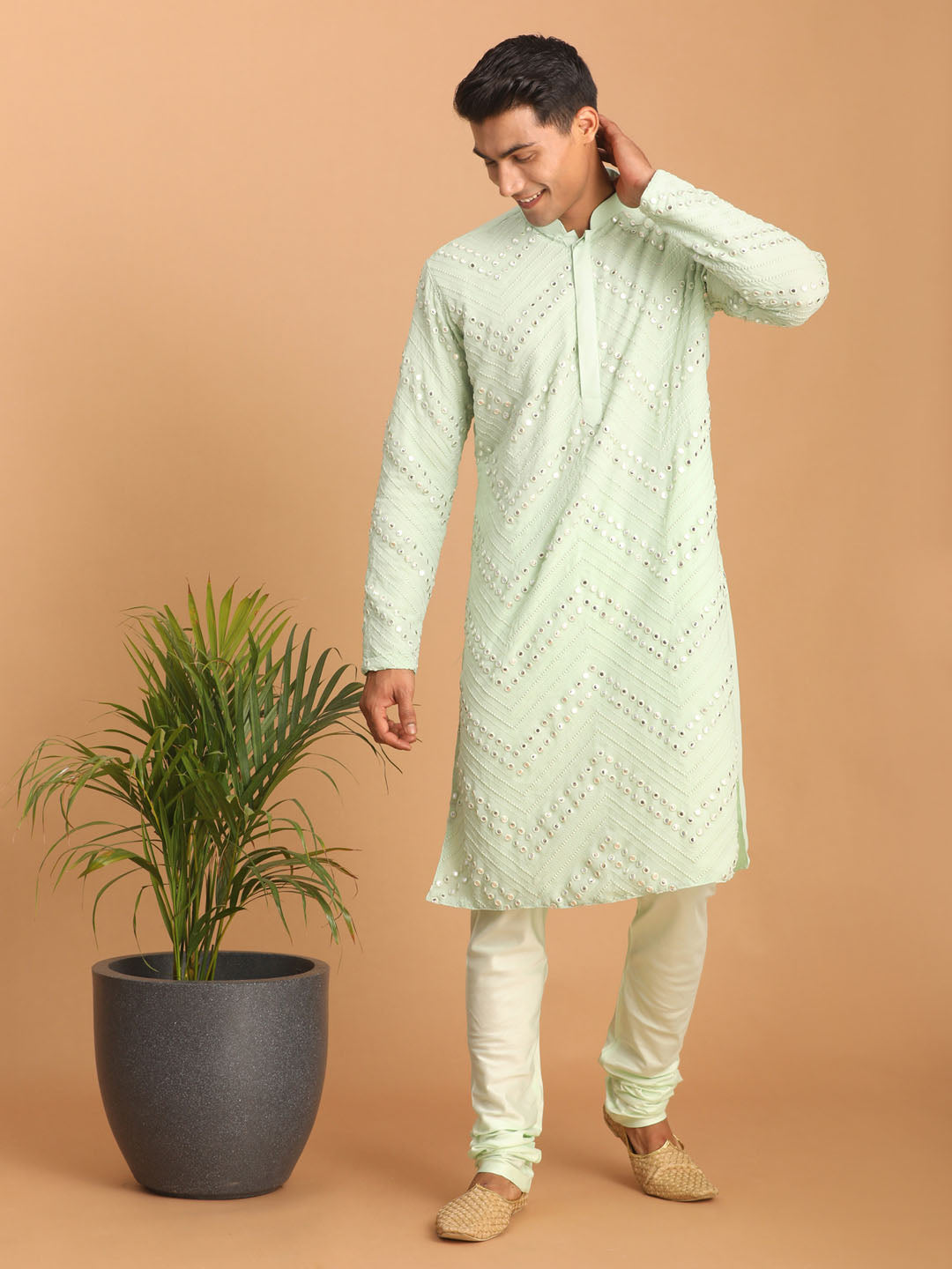 Men's Mint Green Georgette Straight Kurta