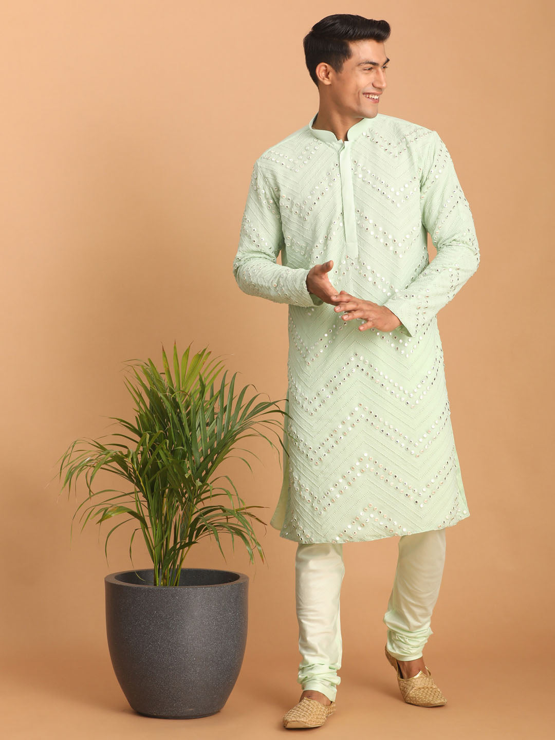 Men's Mint Green Georgette Straight Kurta Pyjama Set