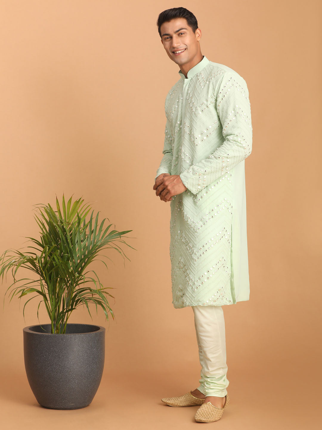 Men's Mint Green Georgette Straight Kurta Pyjama Set