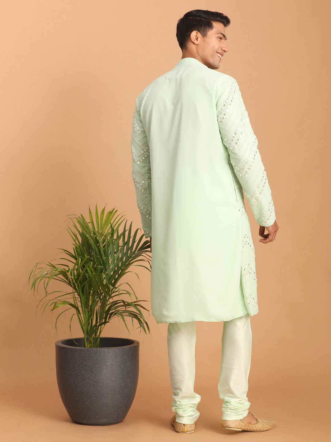 Men's Mint Green Georgette Straight Kurta Pyjama Set