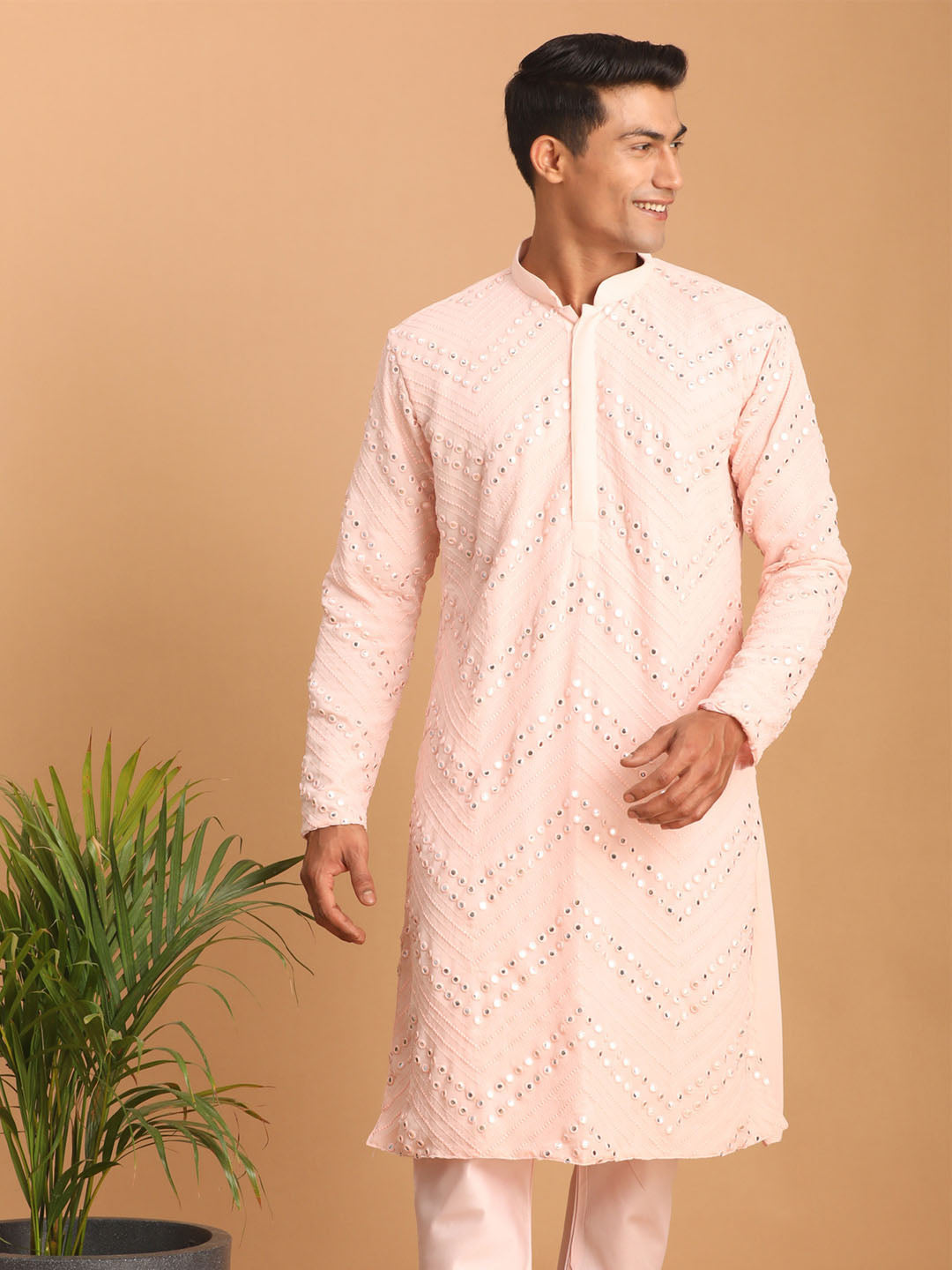Men's Pink Georgette Straight Kurta