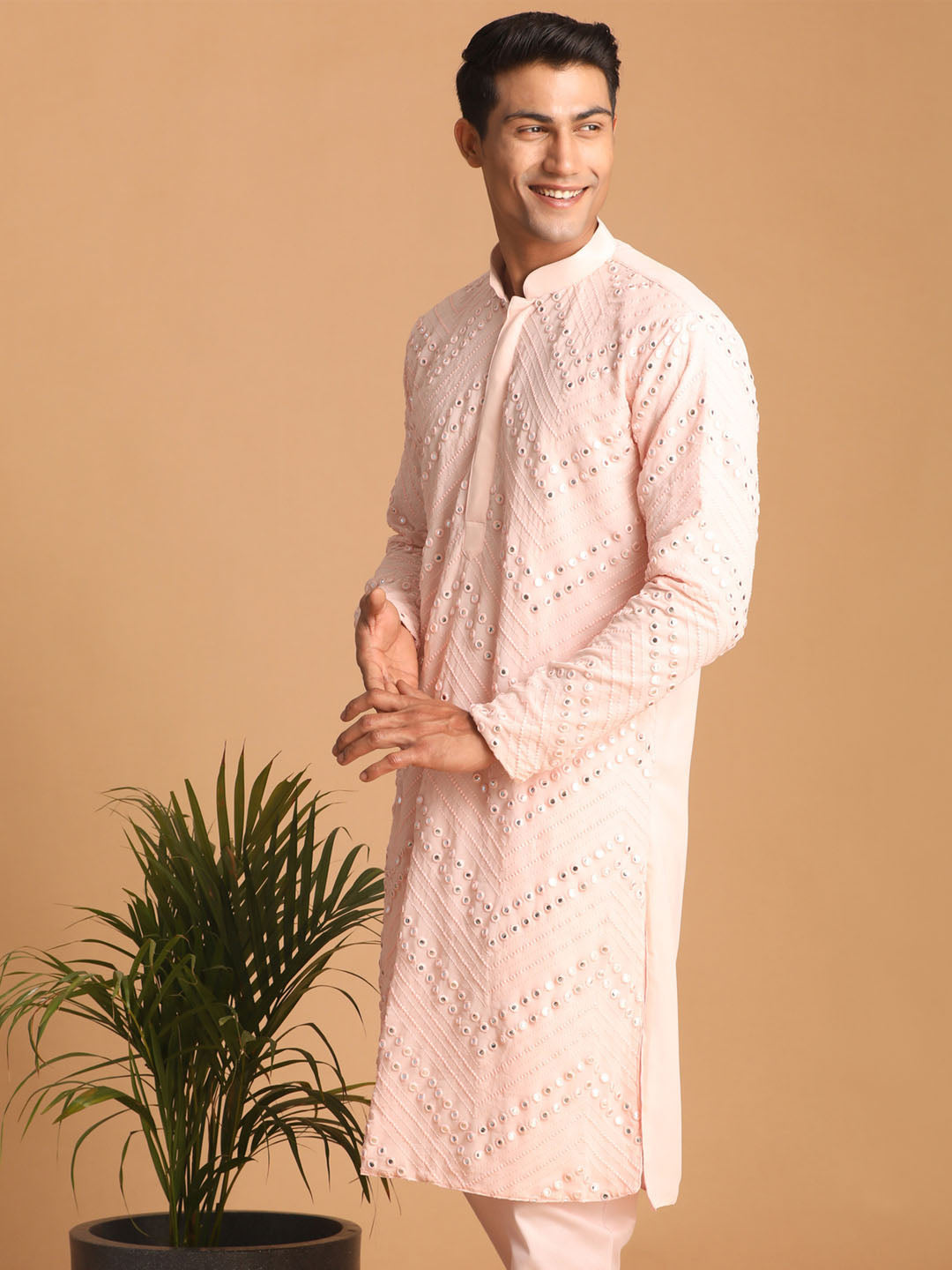 Men's Pink Georgette Straight Kurta