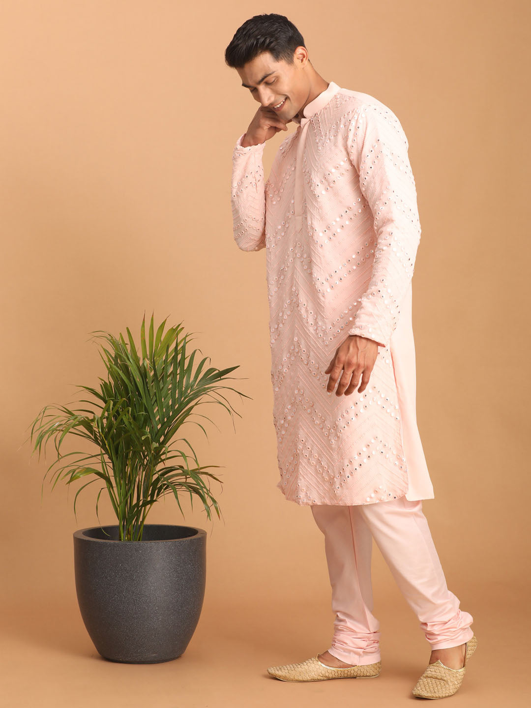 Men's Pink Georgette Straight Kurta