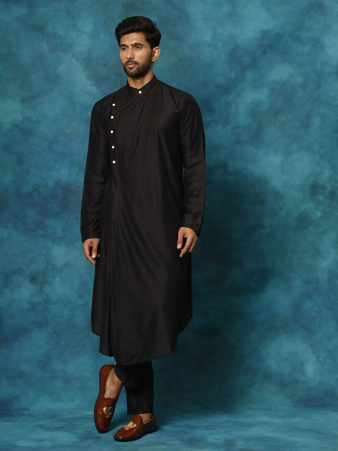 Men's Black Viscose Blend Asymmetric Kurta Pyjama Set