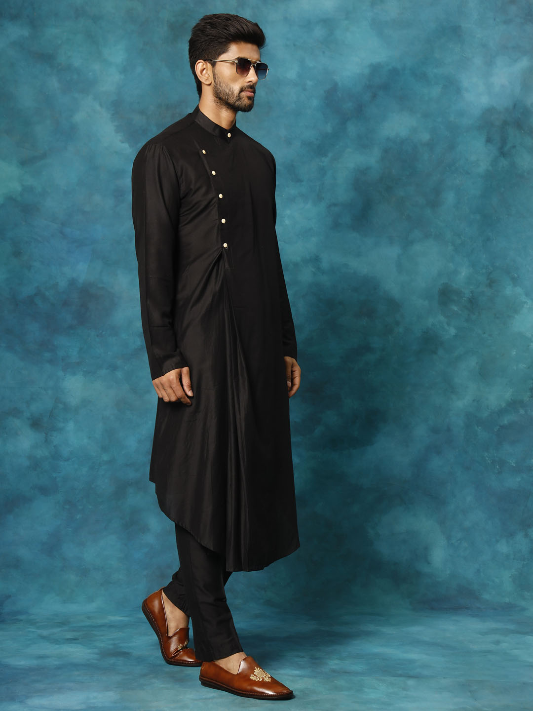 Men's Black Viscose Blend Asymmetric Kurta Pyjama Set