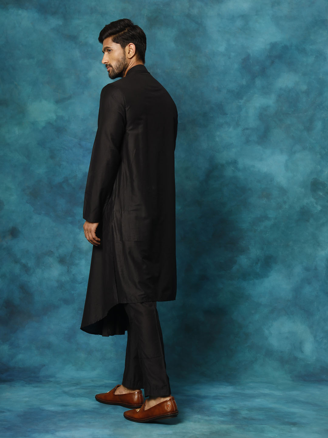 Men's Black Viscose Blend Asymmetric Kurta Pyjama Set
