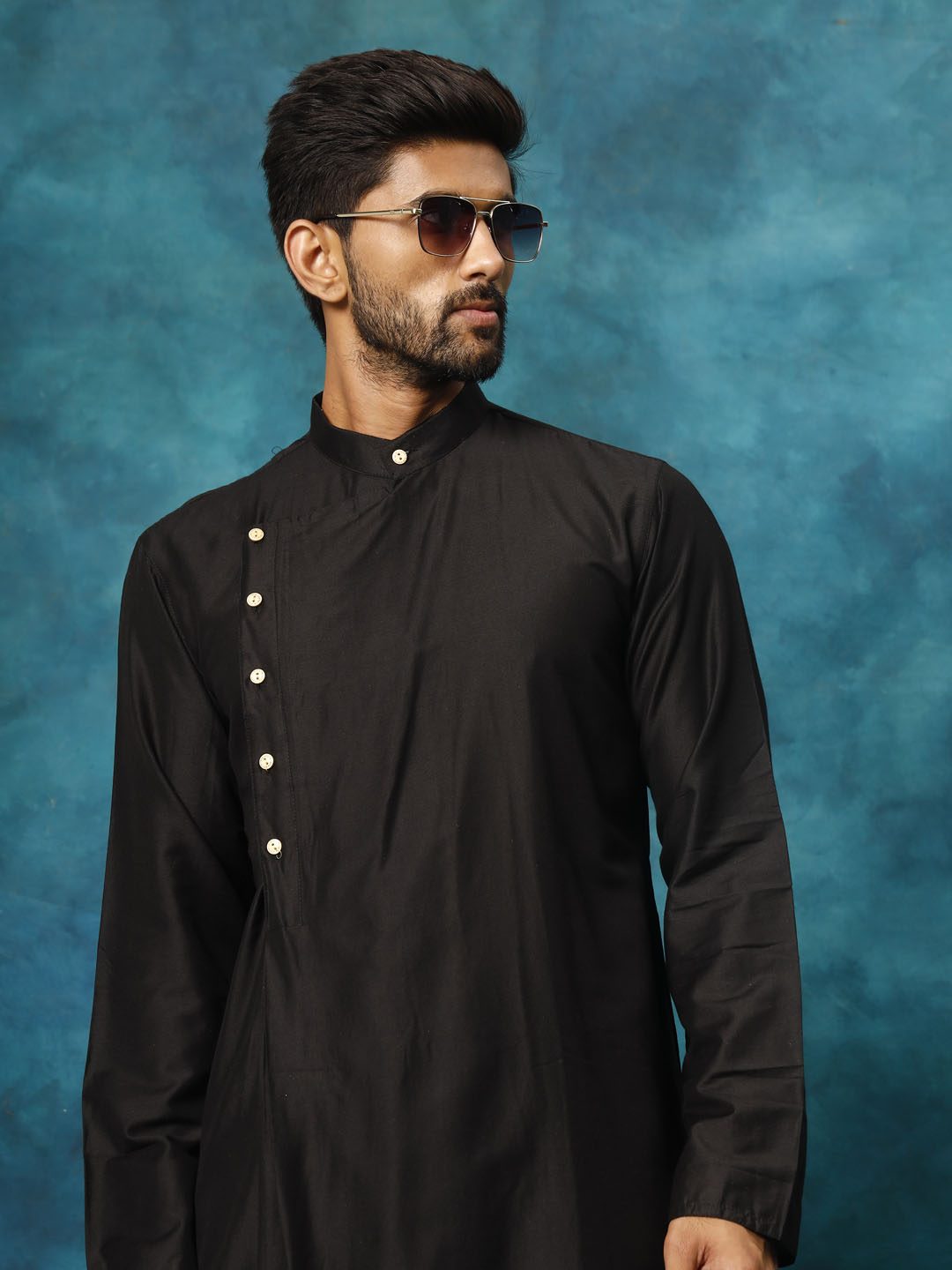 Men's Black Viscose Blend Asymmetric Kurta Pyjama Set
