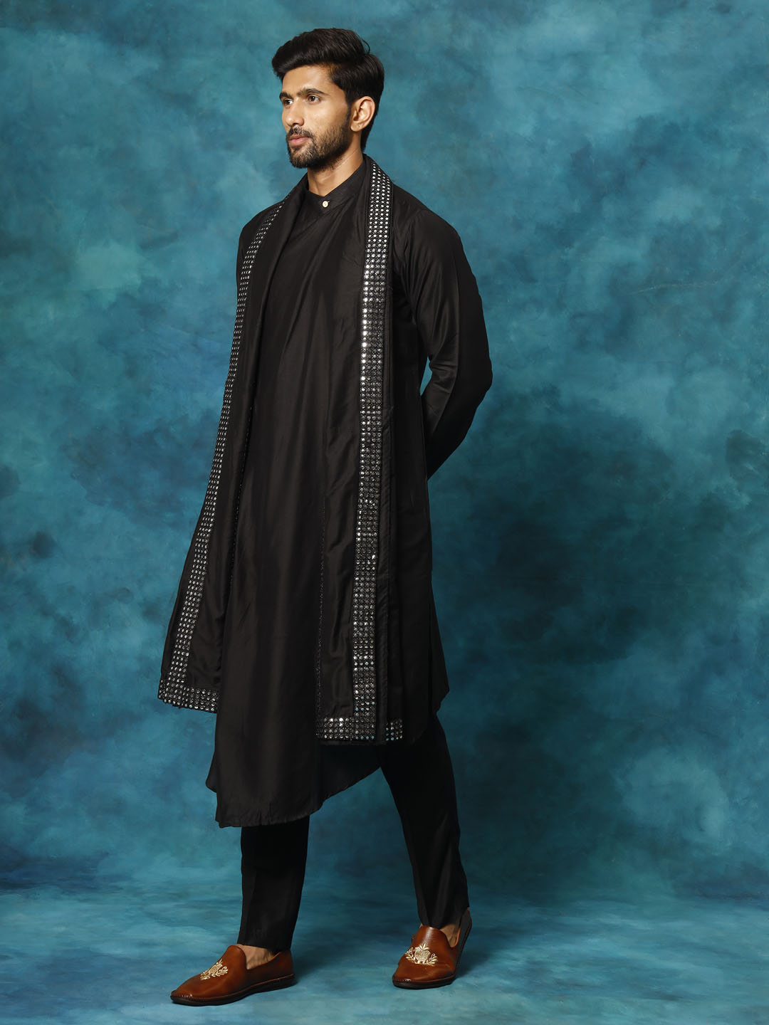 Men's Black Viscose Blend Asymmetric Kurta Pyjama & Dupatta Set