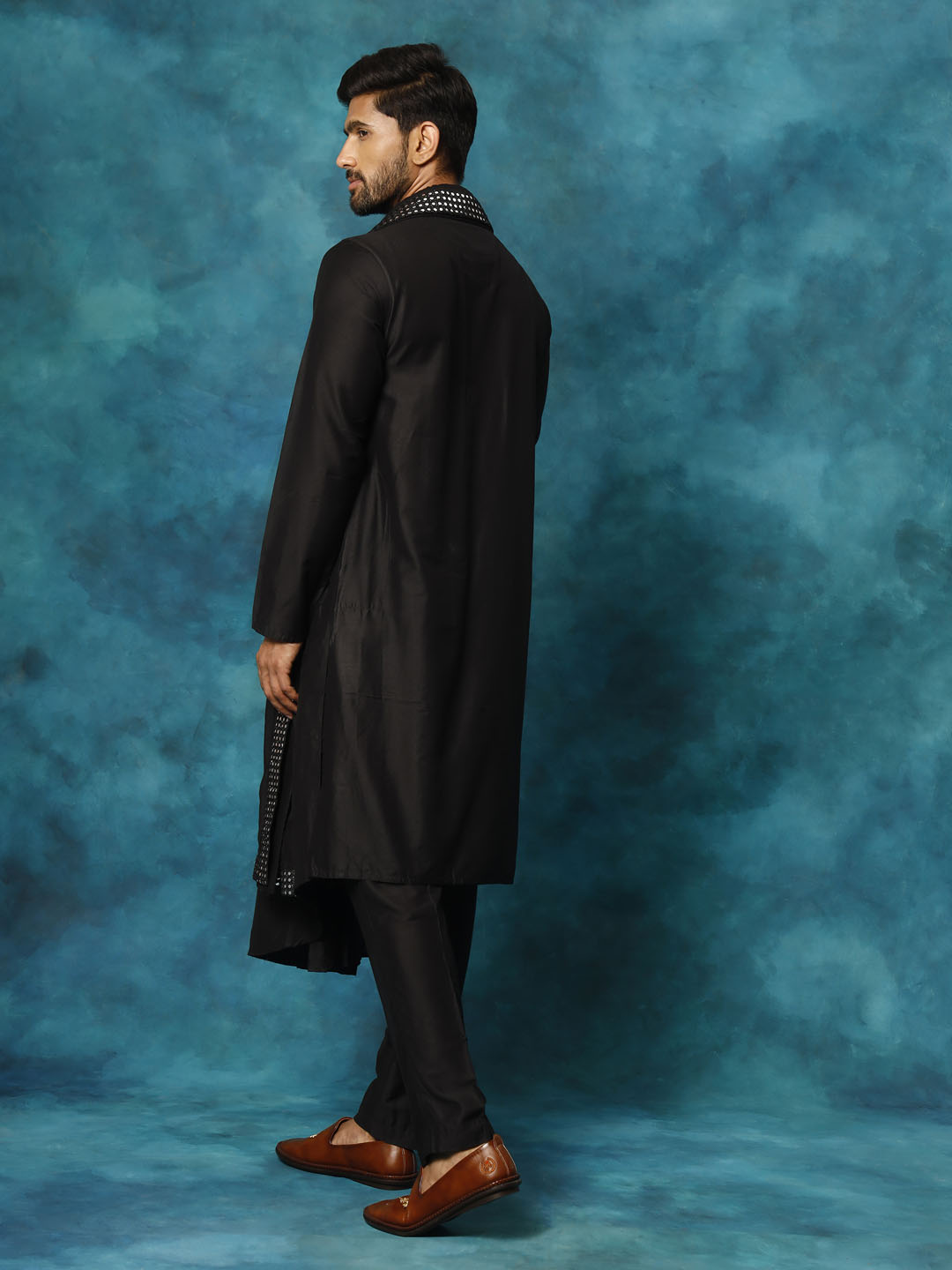 Men's Black Viscose Blend Asymmetric Kurta Pyjama & Dupatta Set