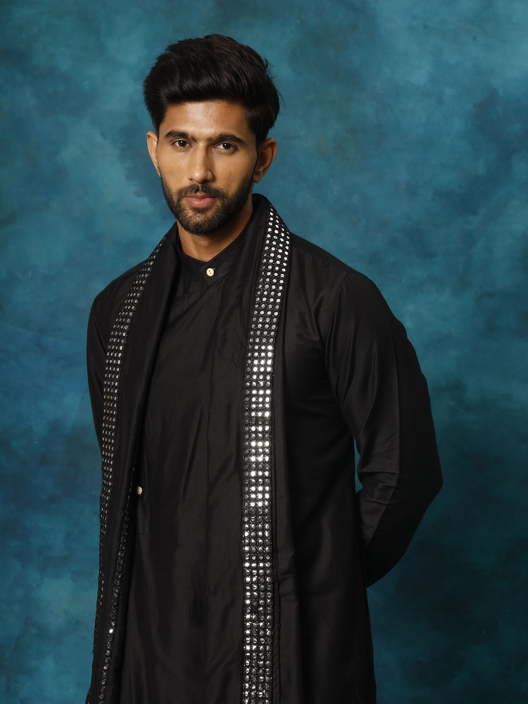 Men's Black Viscose Blend Asymmetric Kurta Pyjama & Dupatta Set