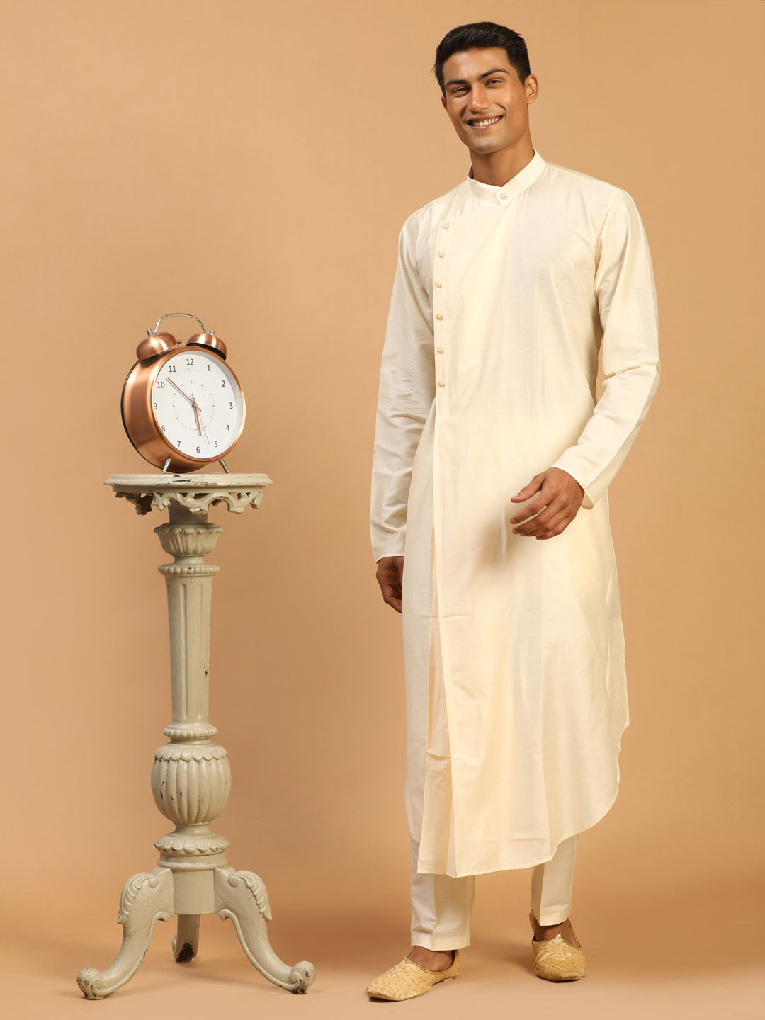 Men's Cream Viscose Blend Asymmetric Kurta Pyjama Set
