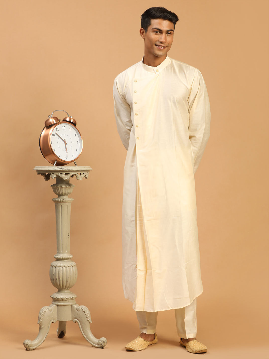 Men's Cream Viscose Blend Asymmetric Kurta Pyjama Set