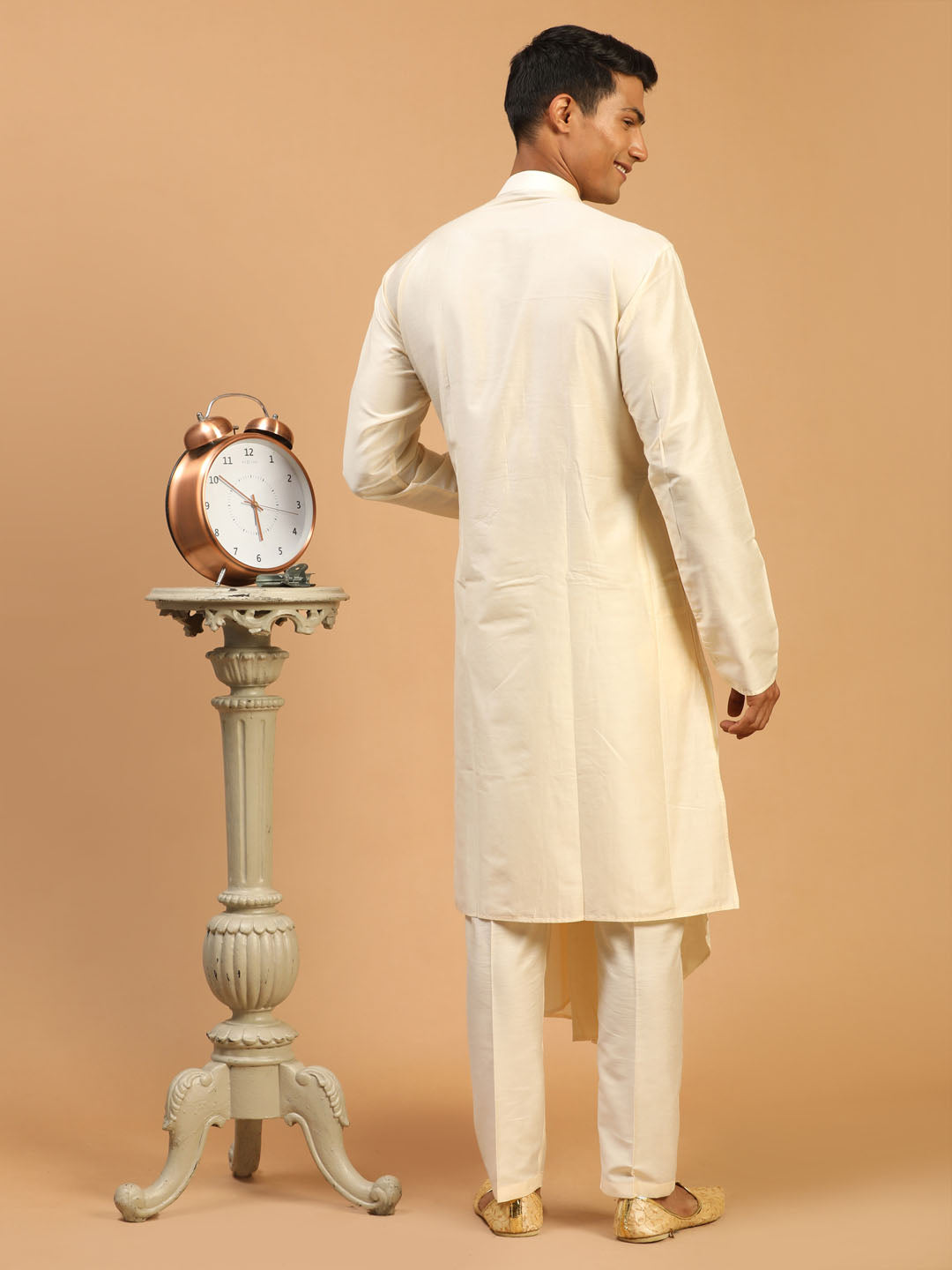 Men's Cream Viscose Blend Asymmetric Kurta Pyjama Set