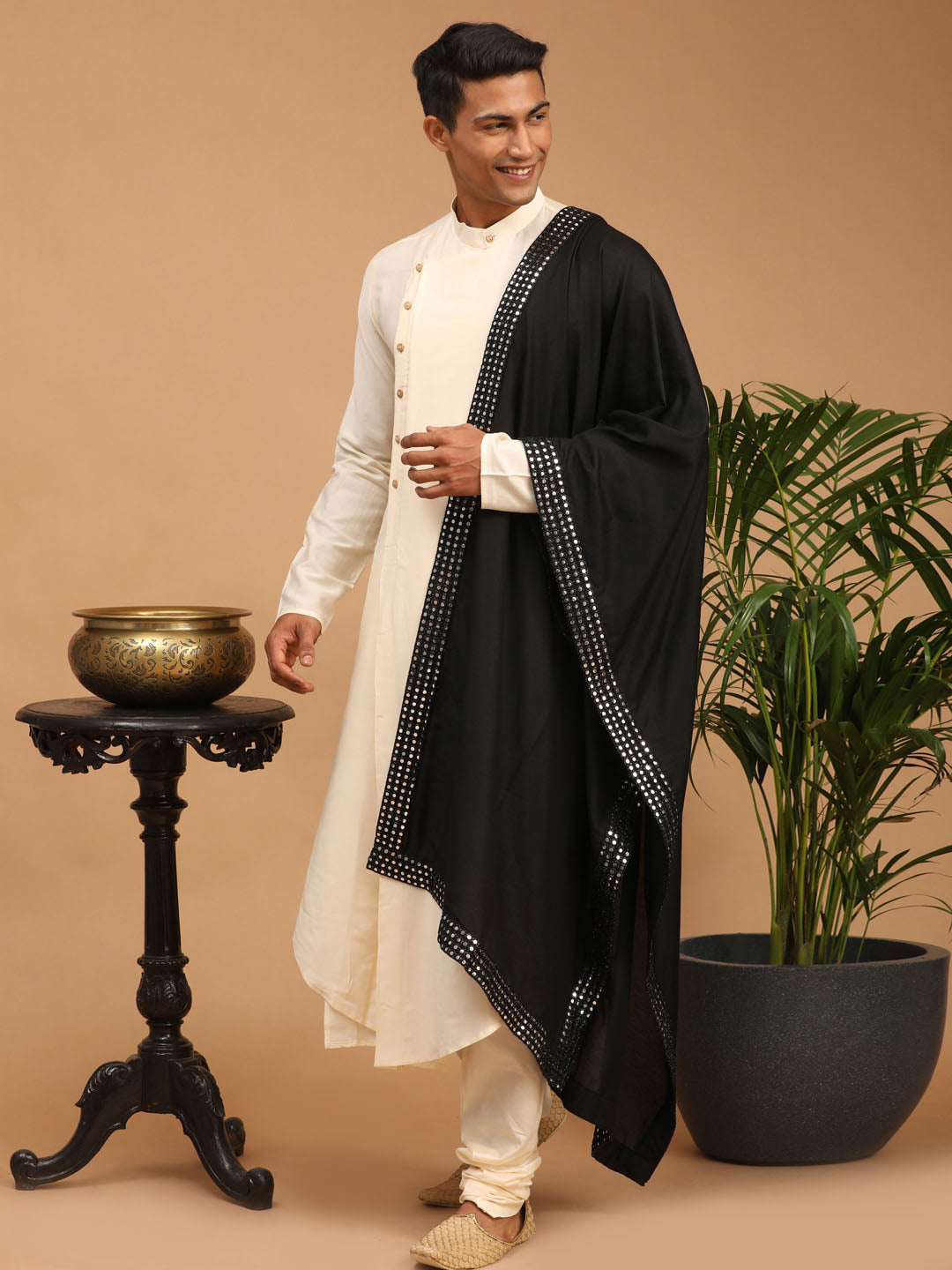 Men's Cream Viscose Blend Asymmetric Kurta Pyjama & Dupatta Set