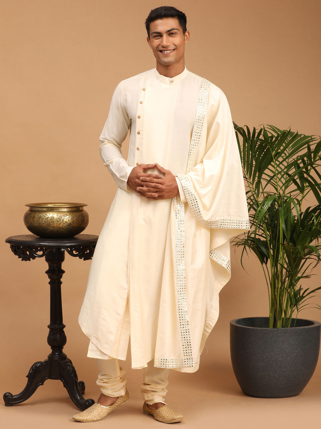 Men's Cream Viscose Blend Asymmetric Kurta Pyjama & Dupatta Set