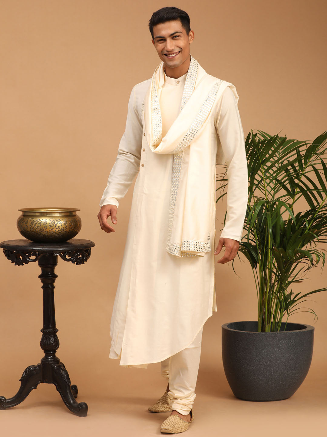 Men's Cream Viscose Blend Asymmetric Kurta Pyjama & Dupatta Set