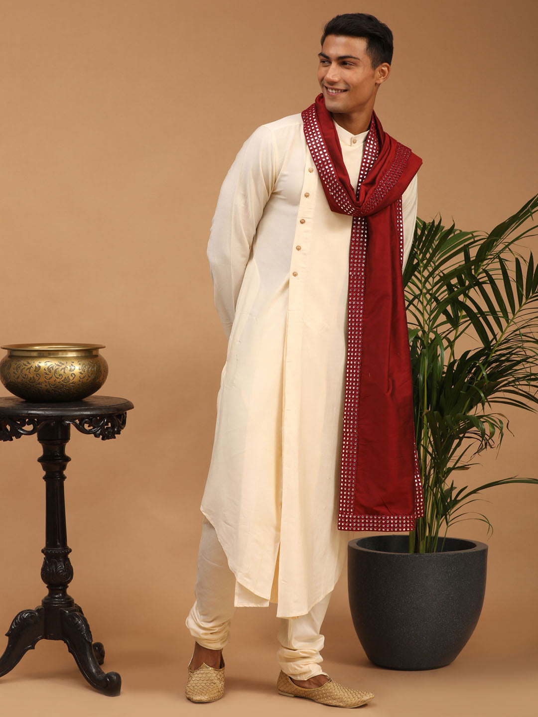Men's Cream Viscose Blend Asymmetric Kurta Pyjama & Dupatta Set