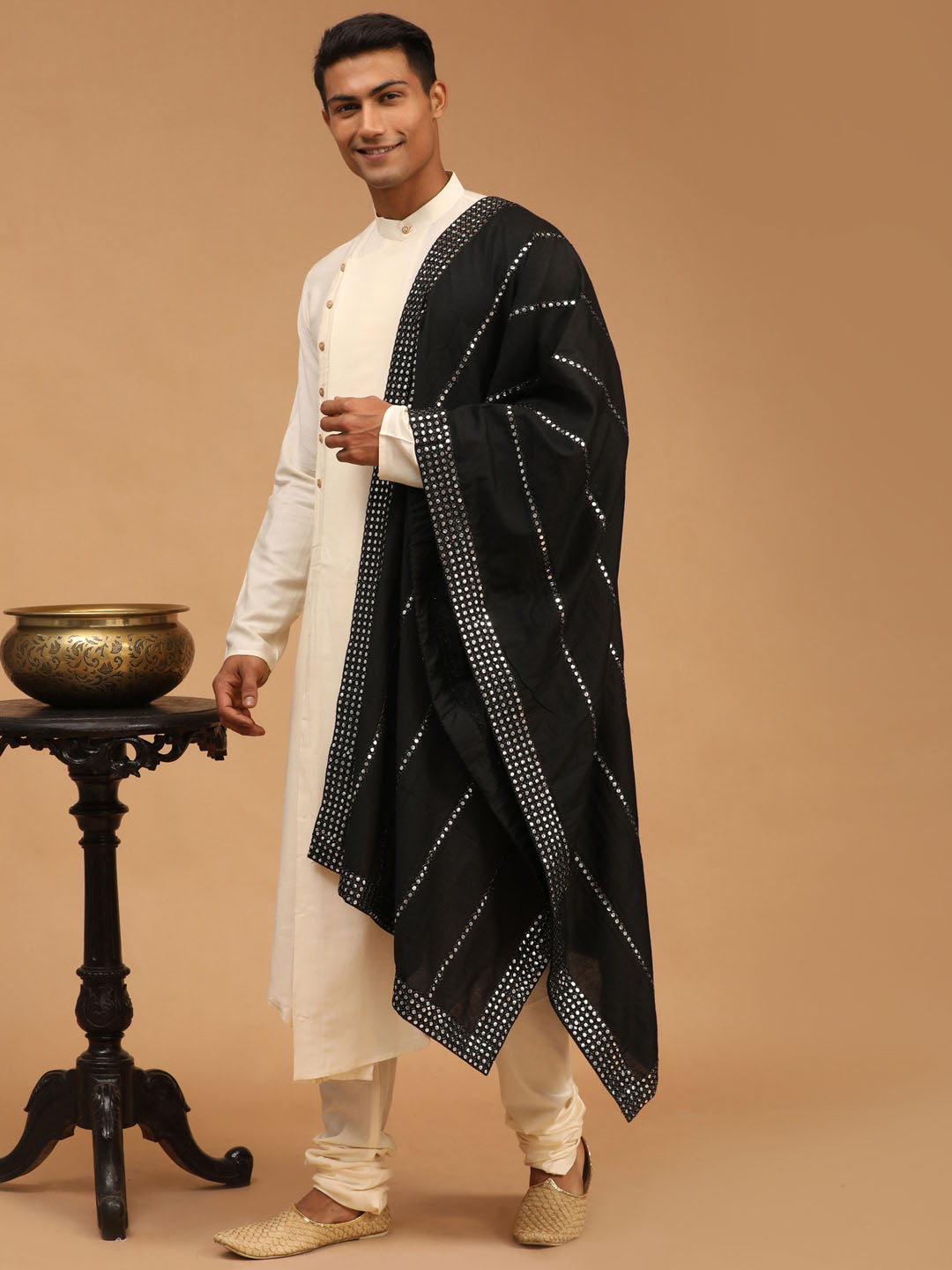 Men's Cream Viscose Blend Asymmetric Kurta Pyjama & Dupatta Set