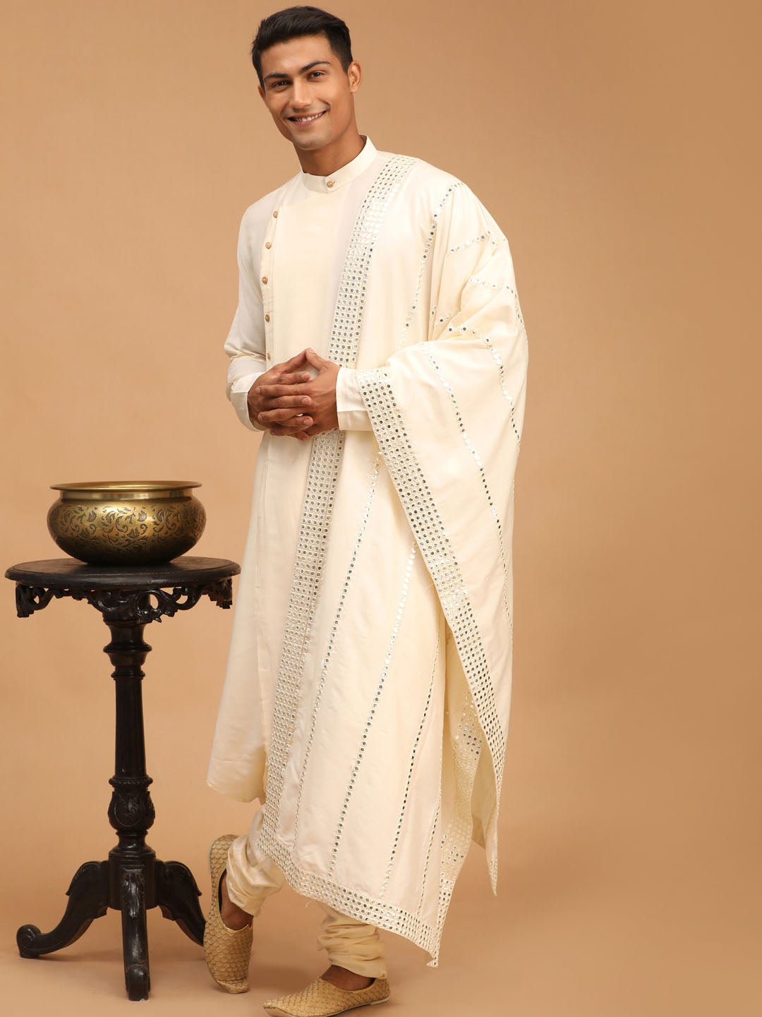 Men's Cream Viscose Blend Asymmetric Kurta Pyjama & Dupatta Set