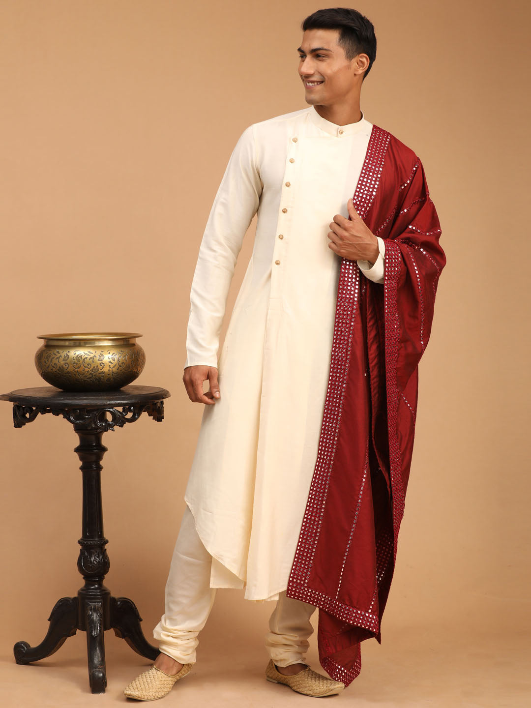 Men's Cream Viscose Blend Asymmetric Kurta Pyjama & Dupatta Set