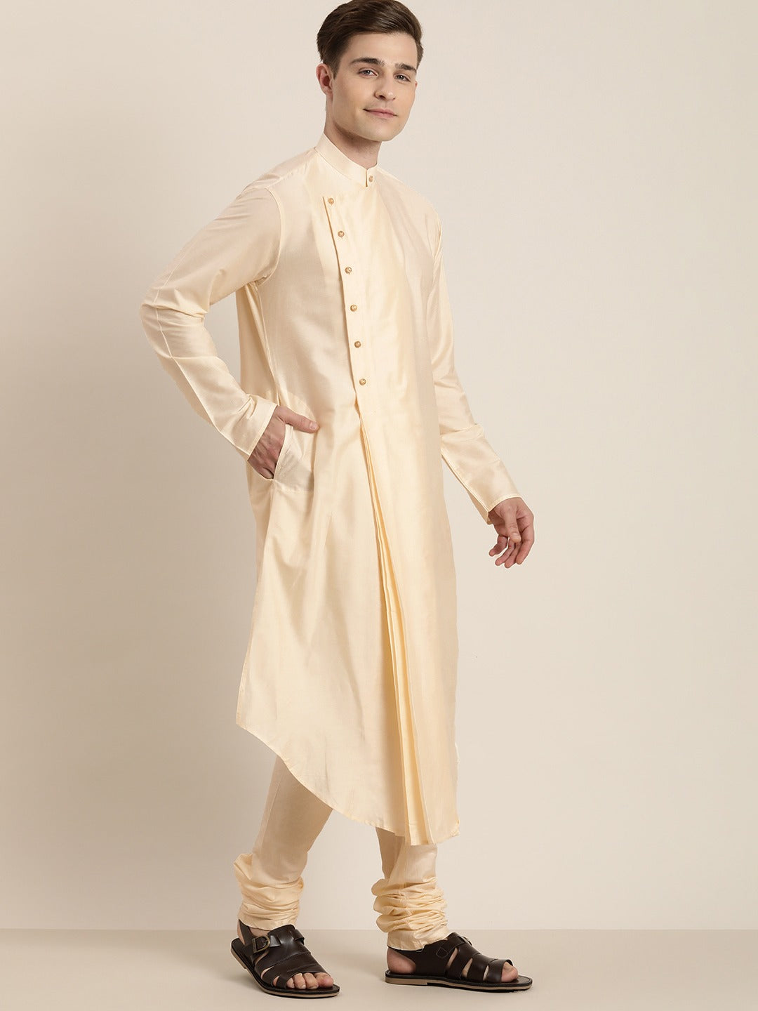 Men's Cream Viscose Blend Asymmetric Kurta Pyjama Set