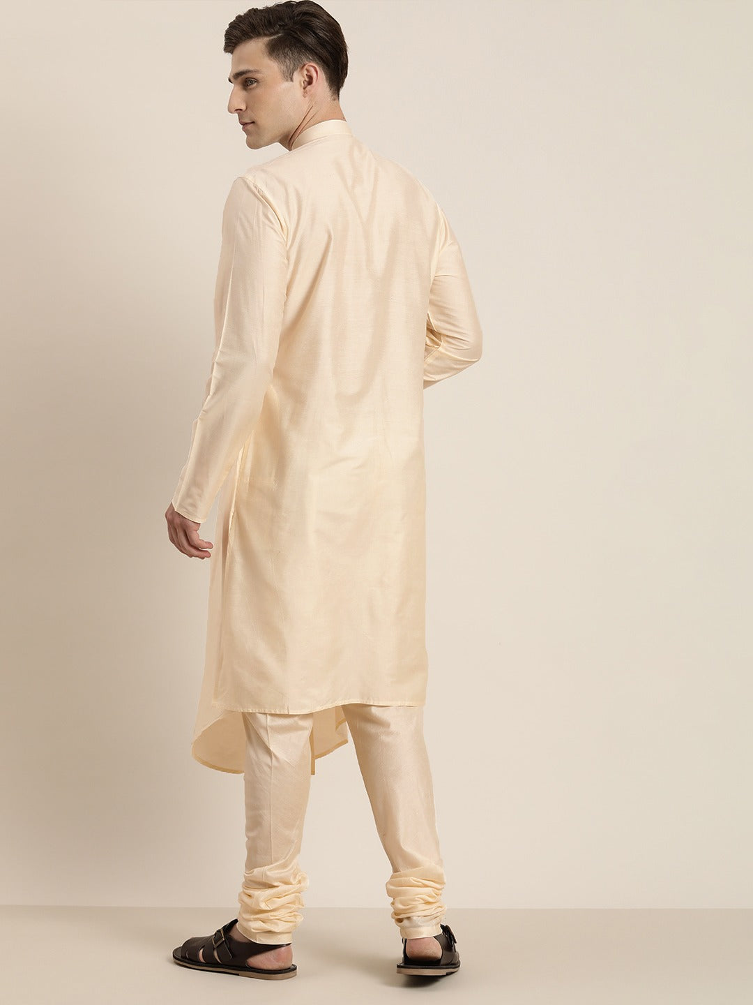 Men's Cream Viscose Blend Asymmetric Kurta Pyjama Set