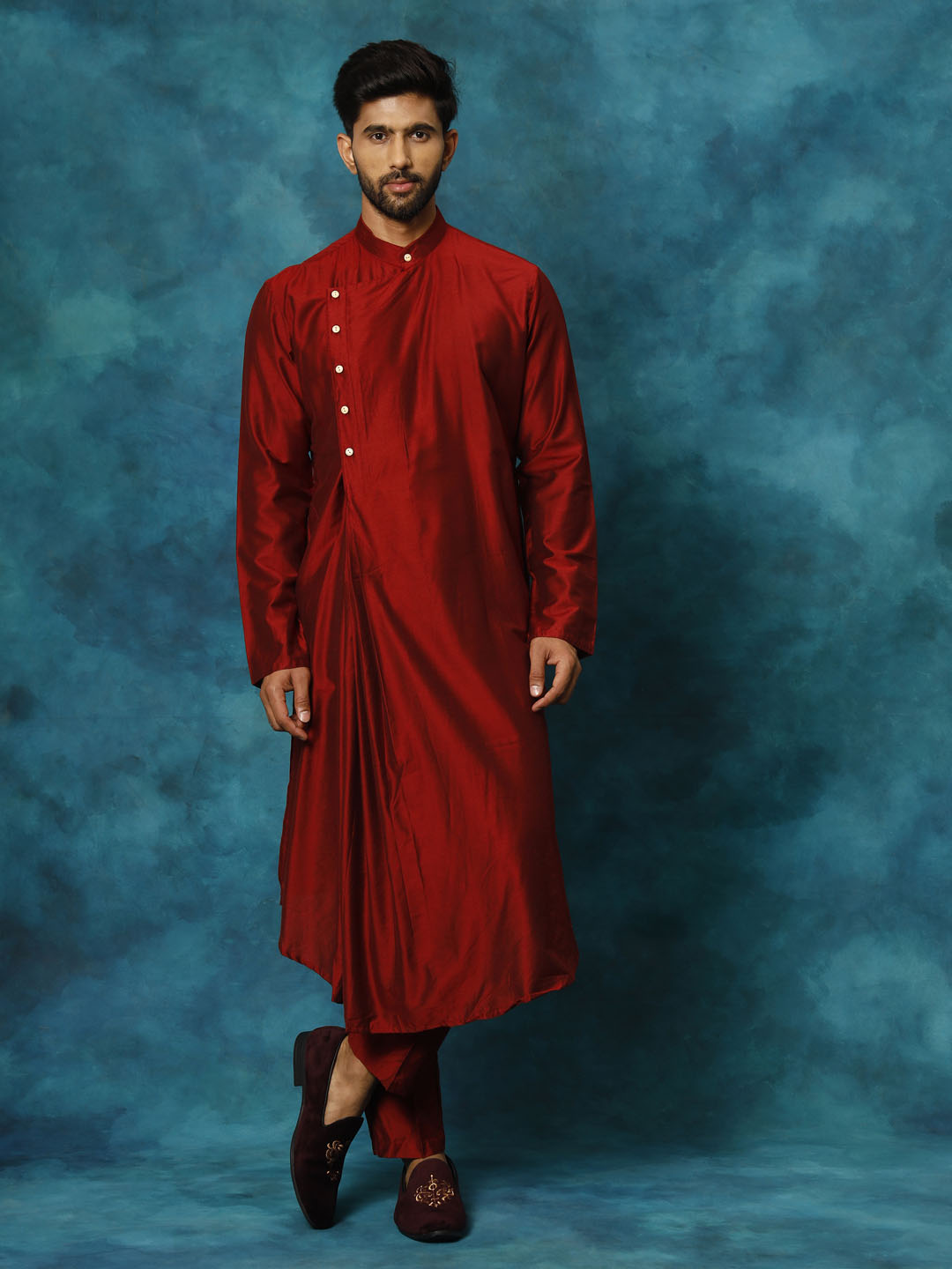 Men's Maroon Viscose Blend Asymmetric Kurta Pyjama Set