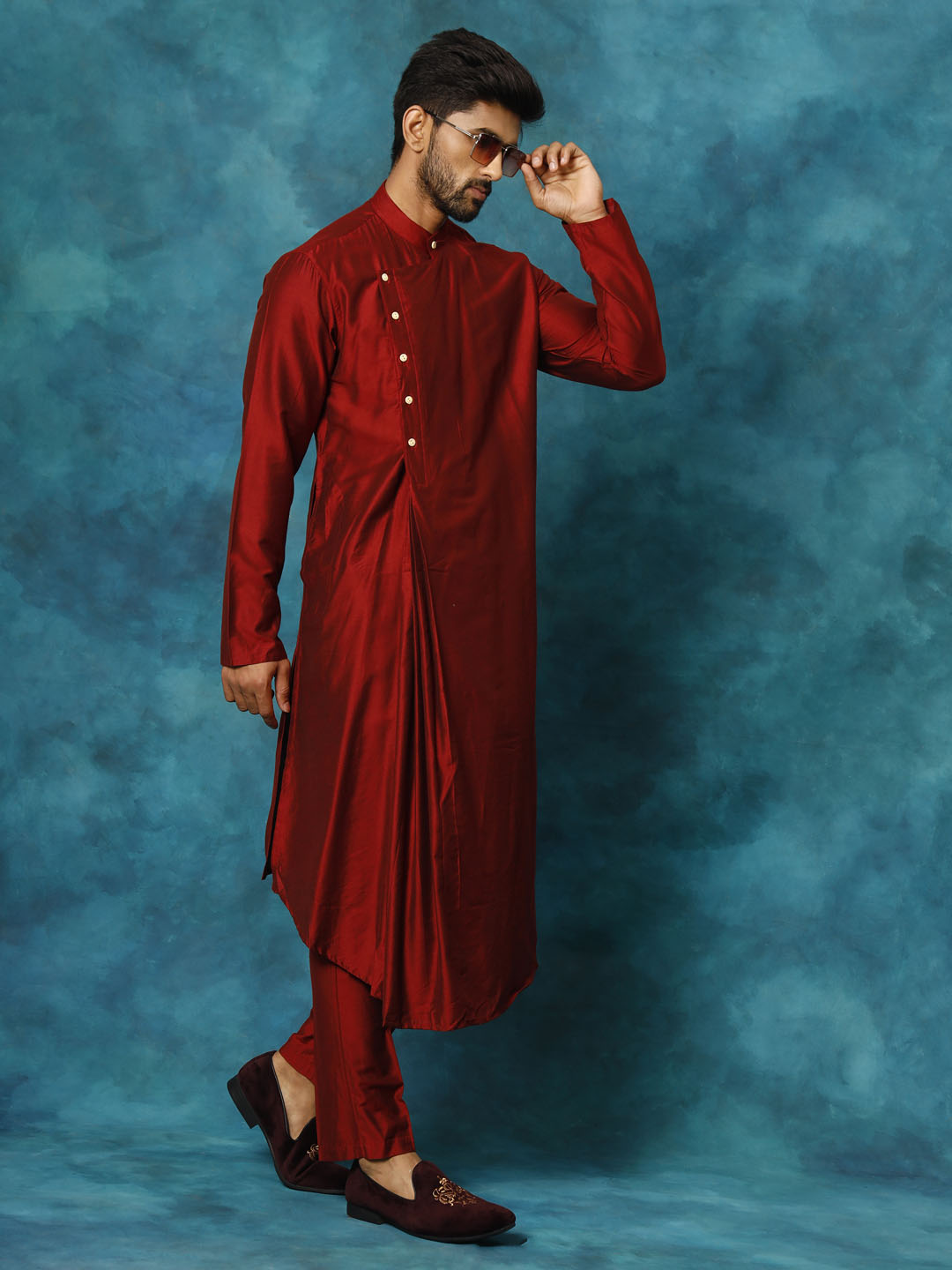 Men's Maroon Viscose Blend Asymmetric Kurta Pyjama Set