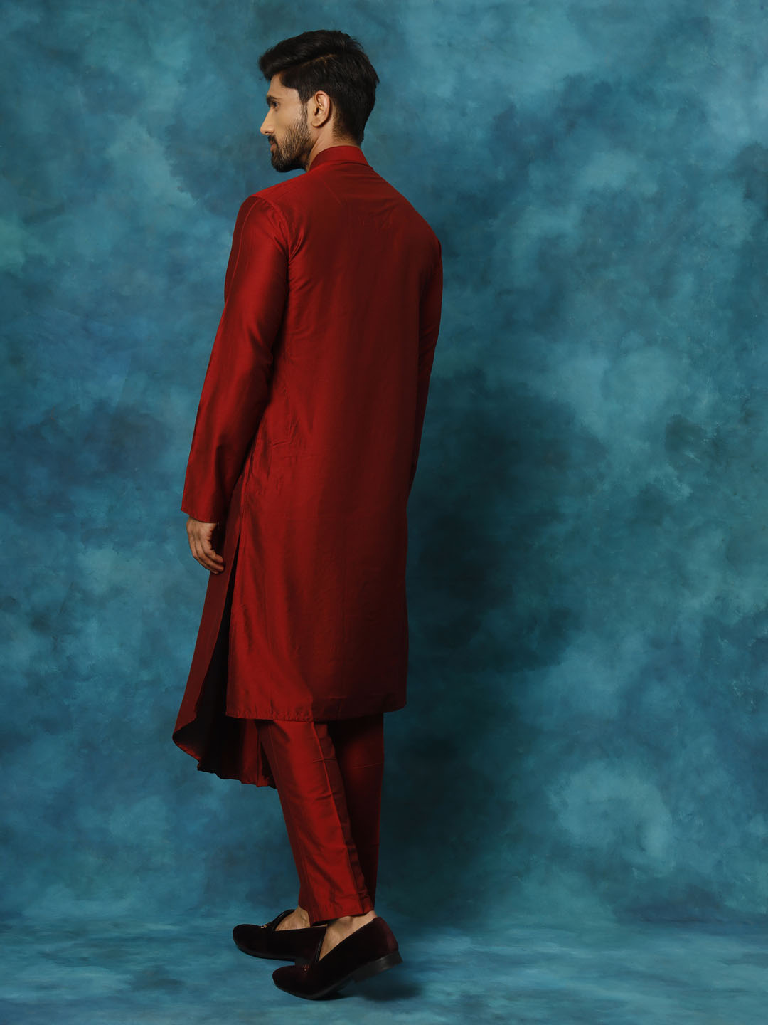 Men's Maroon Viscose Blend Asymmetric Kurta Pyjama Set