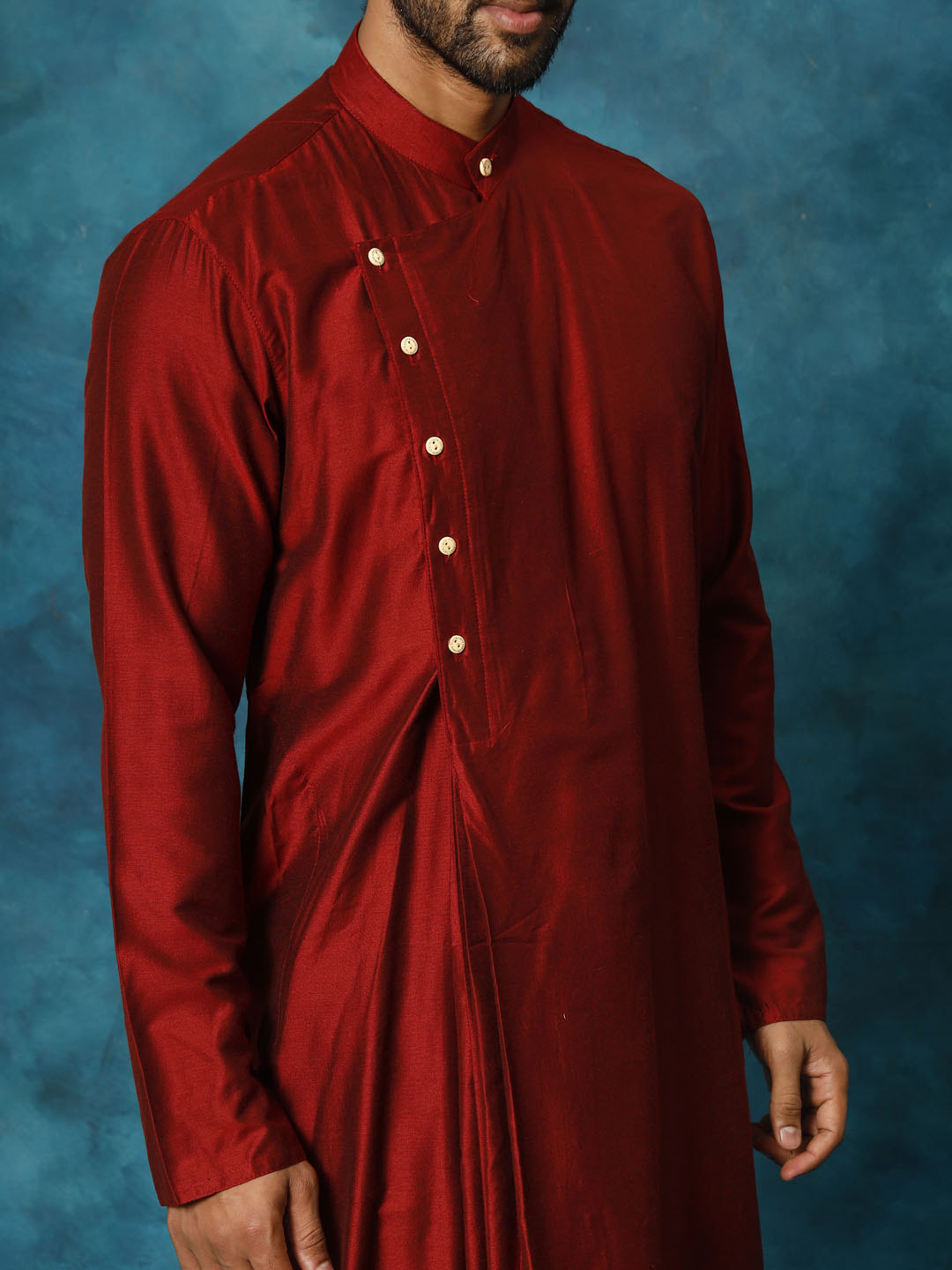 Men's Maroon Viscose Blend Asymmetric Kurta Pyjama Set