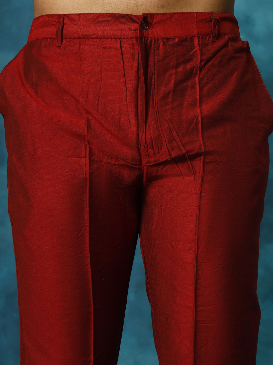 Men's Maroon Viscose Blend Asymmetric Kurta Pyjama & Dupatta Set