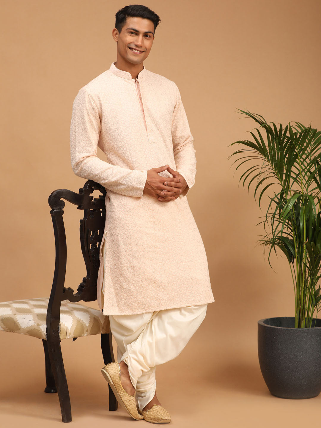 Men's Cream Georgette Straight Kurta and Dhoti Set