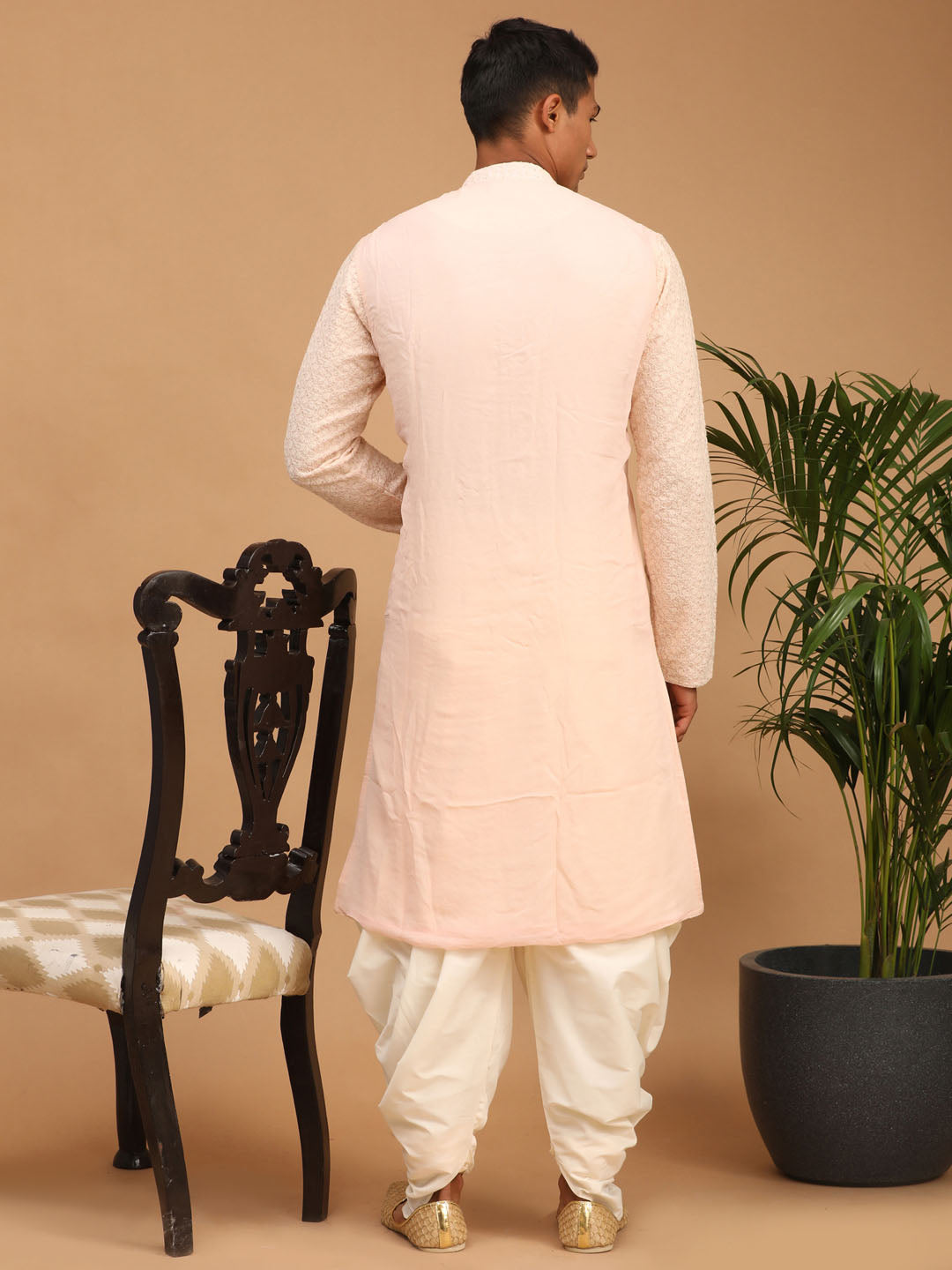 Men's Cream Georgette Straight Kurta and Dhoti Set