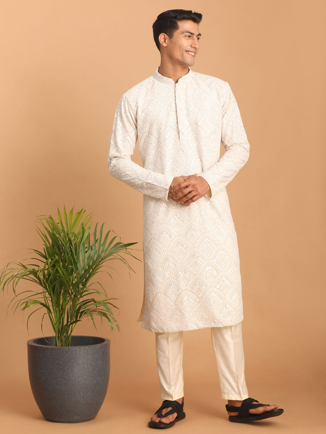 Men's Cream Georgette Straight Kurta Pyjama Set