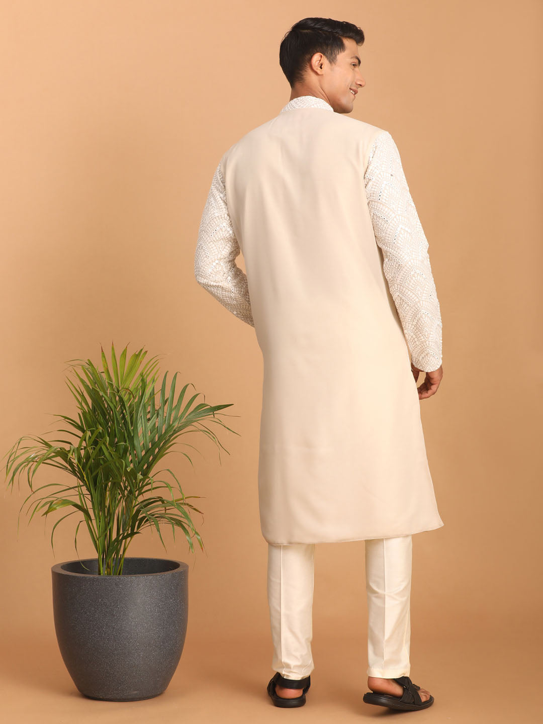 Men's Cream Georgette Straight Kurta Pyjama Set