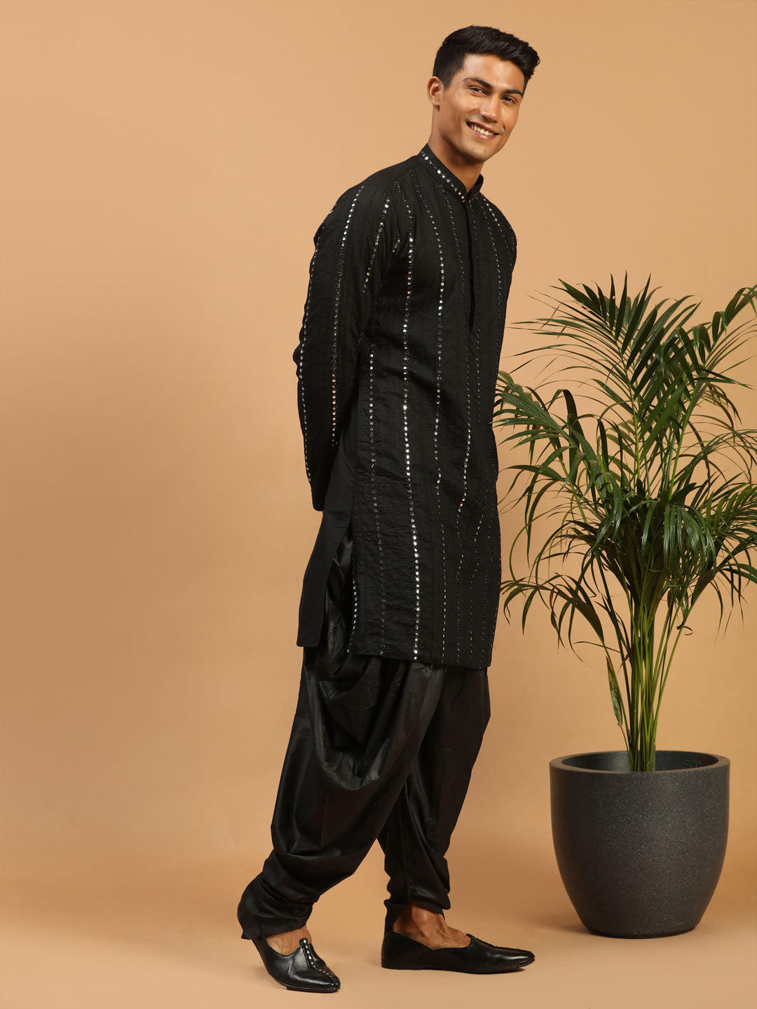 Men's Black Viscose Straight Kurta and Dhoti Set
